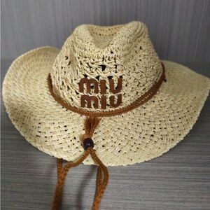 Miu Miu Straw Hat Beige Woven Beach Vacation Chic
